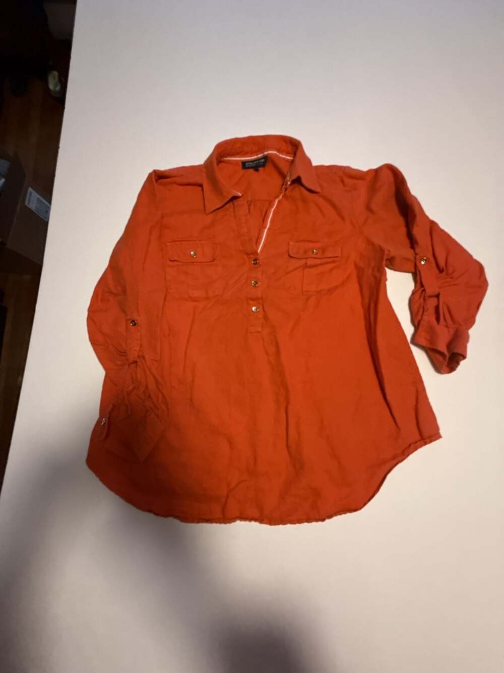 Jones New York Signature Woman Orange Roll-Tab Sleeve Button-Down Shirt 2X
